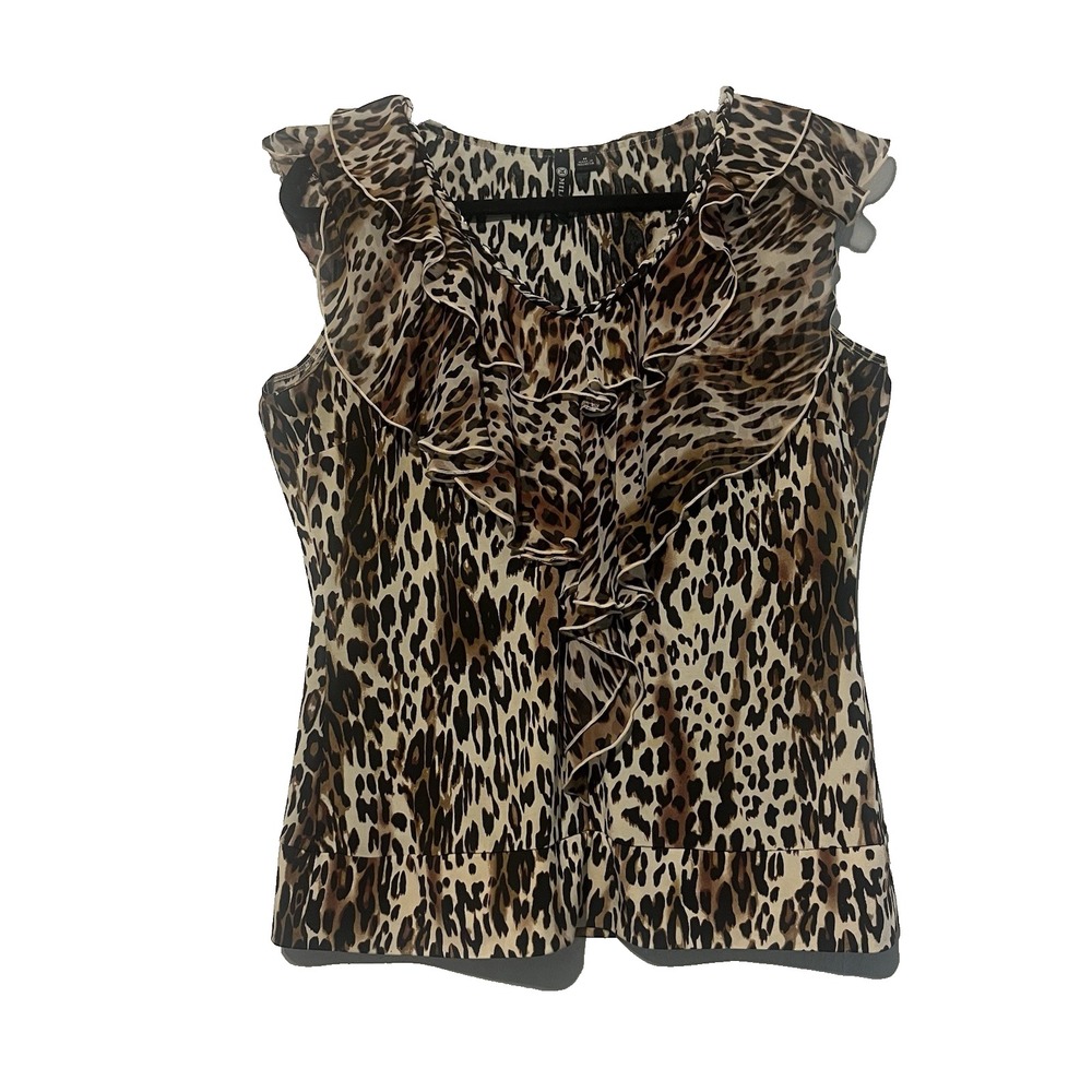 Milano Ruffle Blouse Womens Brown Leopard Animal Print Sleeveless Top Size M